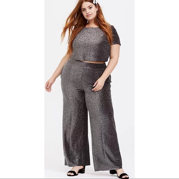 torrid Pants & Jumpsuits Torrid Silver Glitter Crop Top Wide Leg